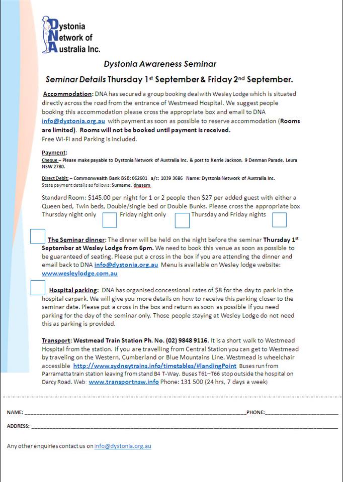 Dystonia Awareness Seminar Information 2nd September 2016