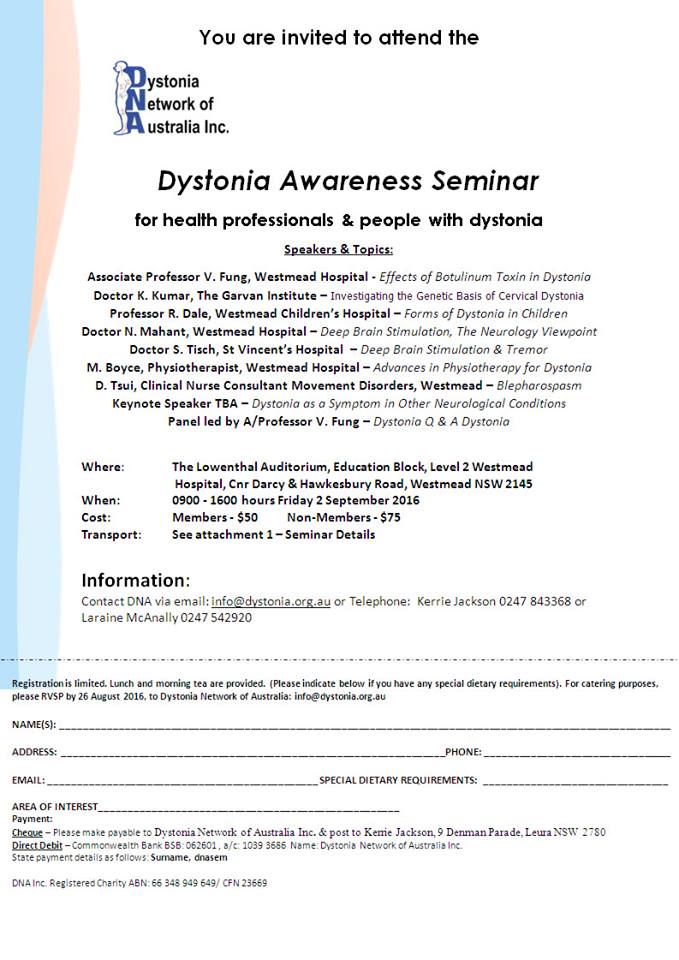 Dystonia Awareness Seminar Invitation 2nd Sept. 2016